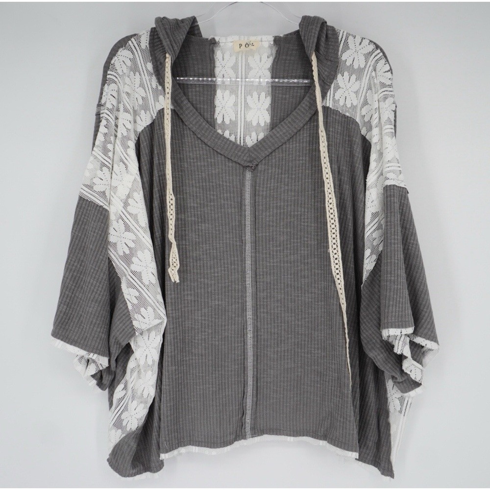 POL Womens Gray Lace Boho Oversized Poncho Hoodie Pullover Top Small Bohemian